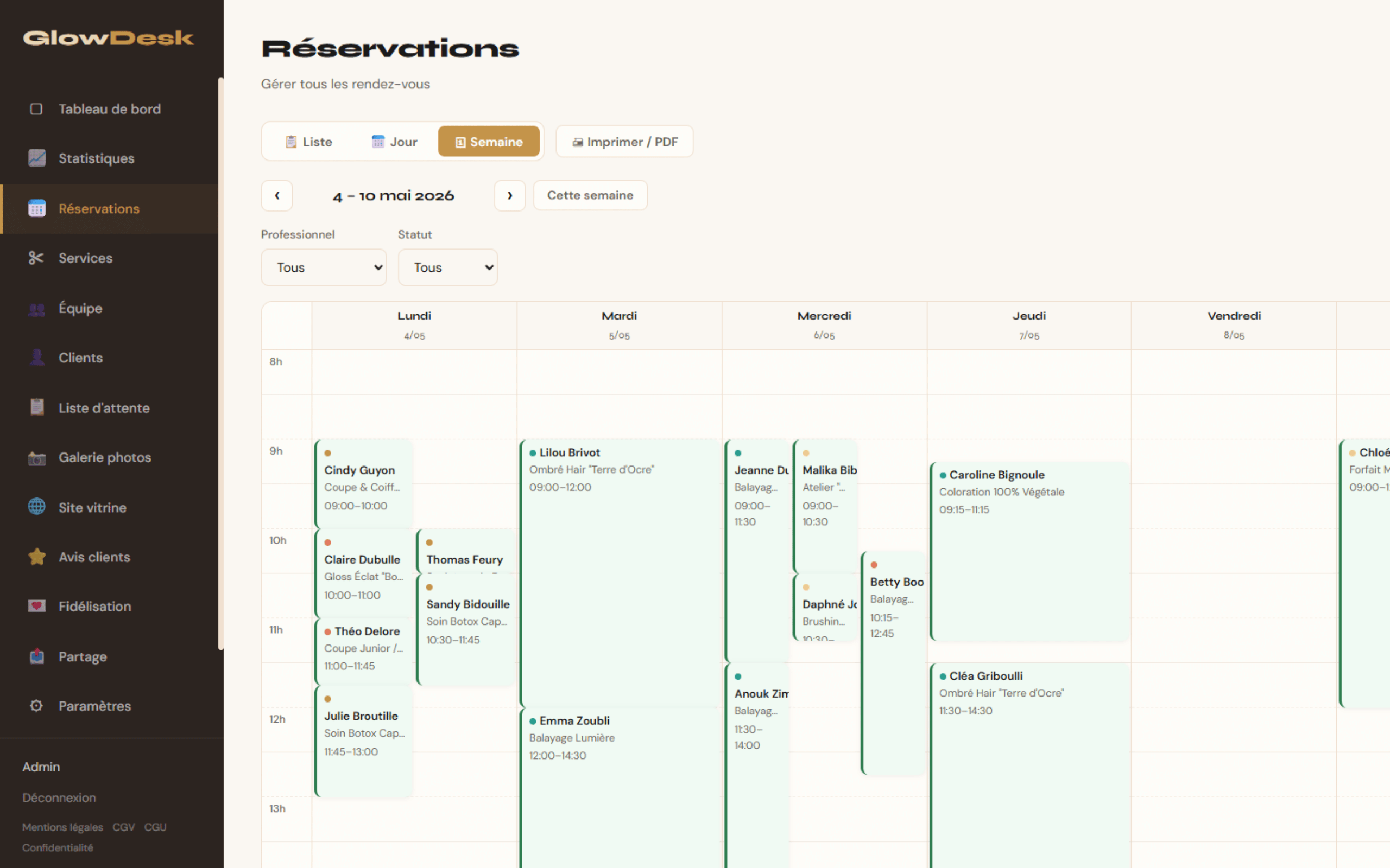 Dashboard admin GlowDesk - Réservation